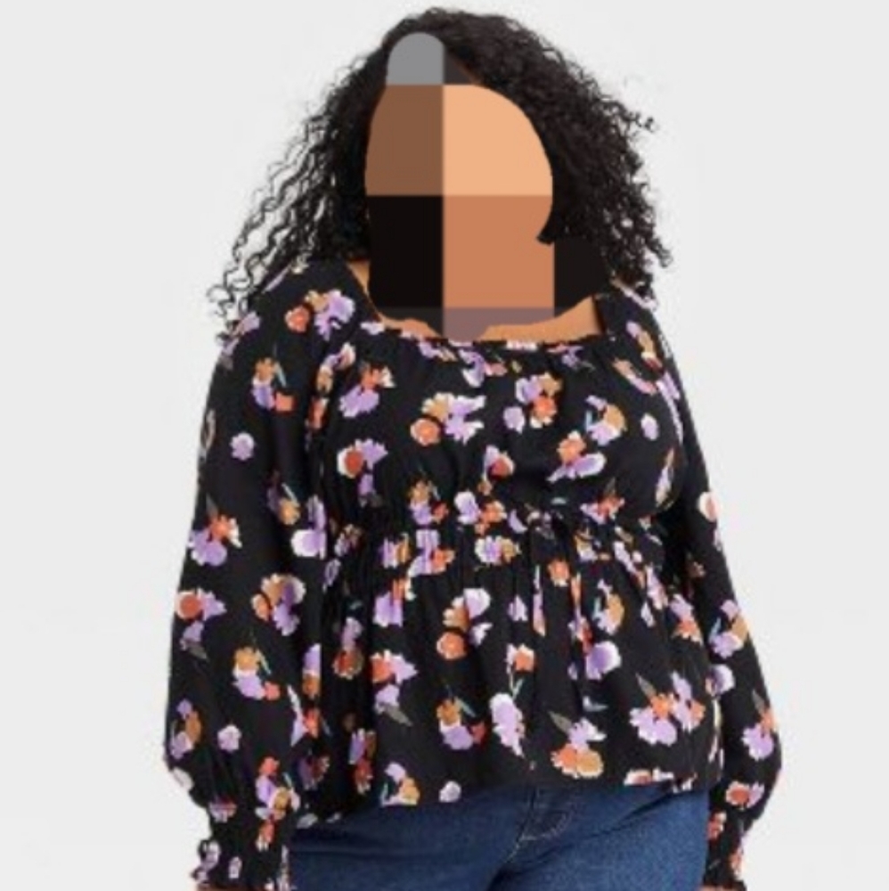 Women's Plus Size 1X, Ava & Viv Top, Black Floral Long Sleeve Peplum Top